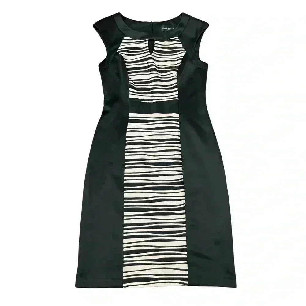2/$12 Connected Apparel Dress Size 6 Black Pink Textured Stripes Shiny Knit